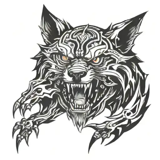A mechanical wolf tearing through a demonic symbol, symbolizing the balance between brutality and diligence tattoo design idea