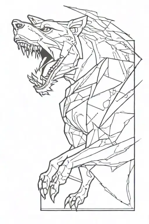 A mechanical wolf tearing through a demonic symbol, symbolizing the balance between brutality and diligence tattoo design idea