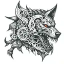 A mechanical wolf tearing through a demonic symbol, symbolizing the balance between brutality and diligence tattoo design idea