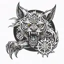 A mechanical wolf tearing through a demonic symbol, symbolizing the balance between brutality and diligence tattoo design idea