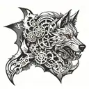 A mechanical wolf tearing through a demonic symbol, symbolizing the balance between brutality and diligence tattoo design idea