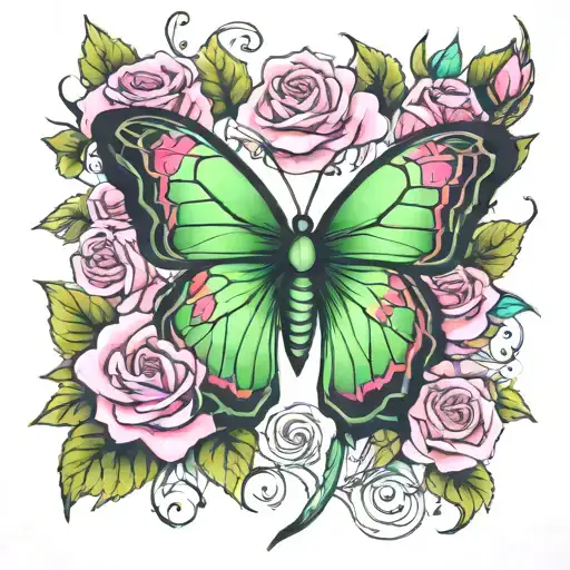 pink and green butterfly and roses growing tattoo design idea