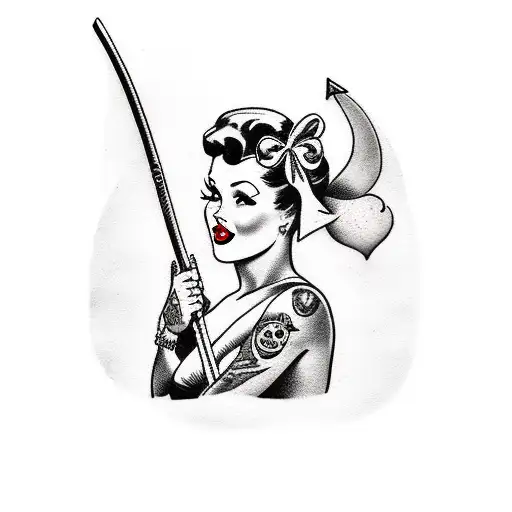 pin up girl holding a scythe black and grey tattoo design idea