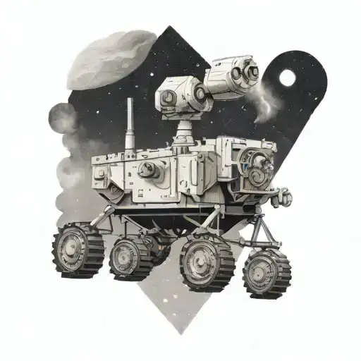 A mars rover exploring a historical site with quantum physics symbols in the background tattoo design idea