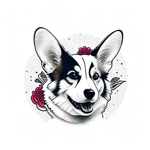 corgi ears outline with color spots in the background in the style of Mambo tattoo design idea