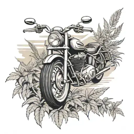 A tattoo of a motorcycle cruising through a Pennsylvania landscape, with marijuana plants growing along the roadside tattoo design idea
