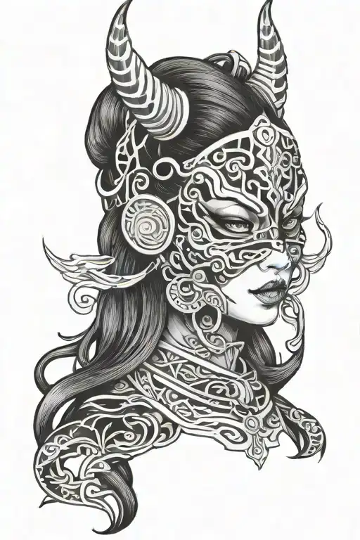 demon girl wearing a Japanese demon mask tattoo design idea