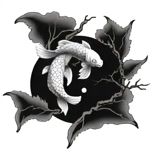 two yin Yang koi fish swimming around a single bonsai tree tattoo design idea