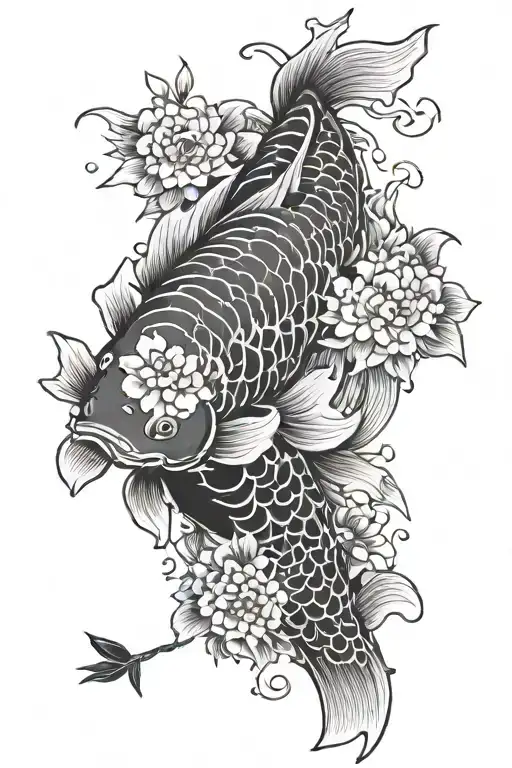 koi carp, oni, flowers surrounding, black and white tattoo design idea