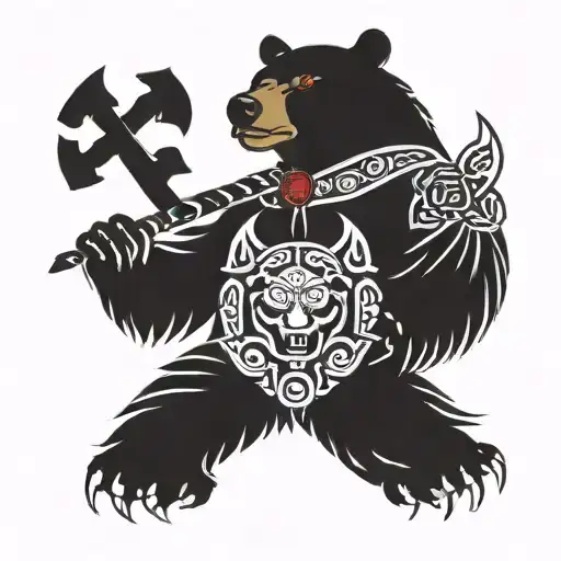 A fierce bear with glowing ruby eyes surrounded by traditional Irish symbols with hawk tattoo design idea