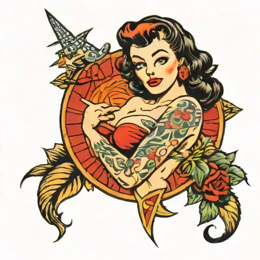 pinup girl with pierced nipples tattoo design idea