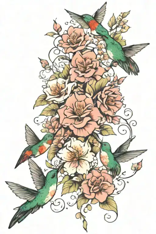 Scattered floral sleeve tattoo with 2 hummingbirds and butterflies  tattoo design idea
