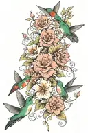 Scattered floral sleeve tattoo with 2 hummingbirds and butterflies  tattoo design idea