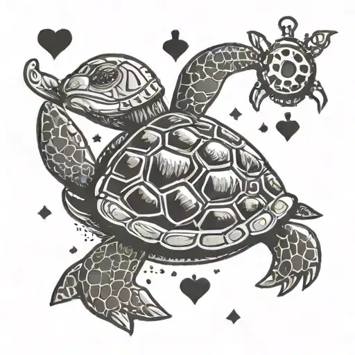 A simple, small, cool tattoo of a Sea turtle, an anchor, 10 hearts, a waffle and a game controller tattoo design idea