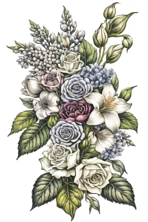 bouquet of flowers made from the birth month flowers of august, october and december  tattoo design idea