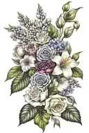 bouquet of flowers made from the birth month flowers of august, october and december  tattoo design idea