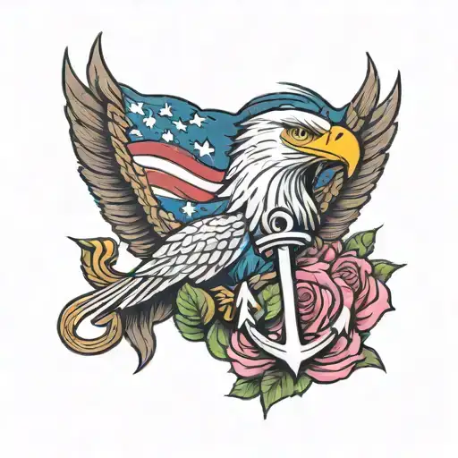 American flag ripping through skin with eagle holding an anchor and three roses two blue one pink  tattoo design idea