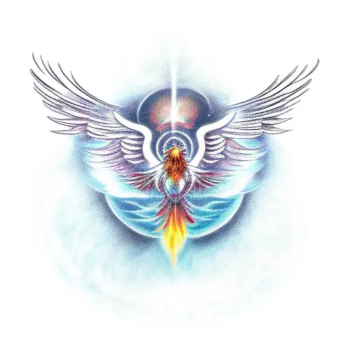 tattoo in back, of a front-faced phoenix with open wings and feet extended at front tattoo design idea