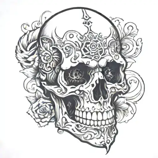 A detailed skull kneeling on one knee, with a slight tilt of its head to add a dramatic effect. tattoo design idea