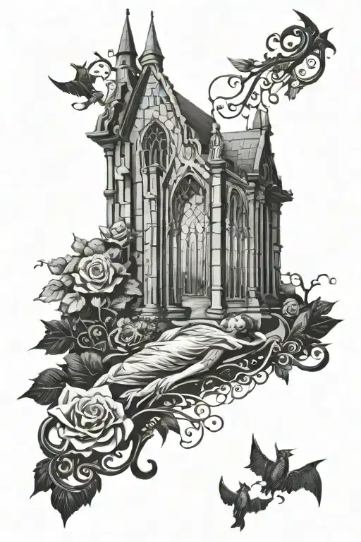 gothic castle window cemetery lying on her husband's tattoo design idea