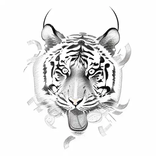 A sketch-style tattoo design showcasing a tiger leaping over a pile of money, symbolizing strength and wealth tattoo design idea