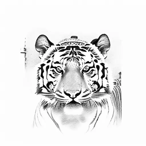 A dotwork tattoo design of a tiger standing proudly in front of a Roman colosseum, symbolizing the client's love for both tigers and Rome tattoo design idea