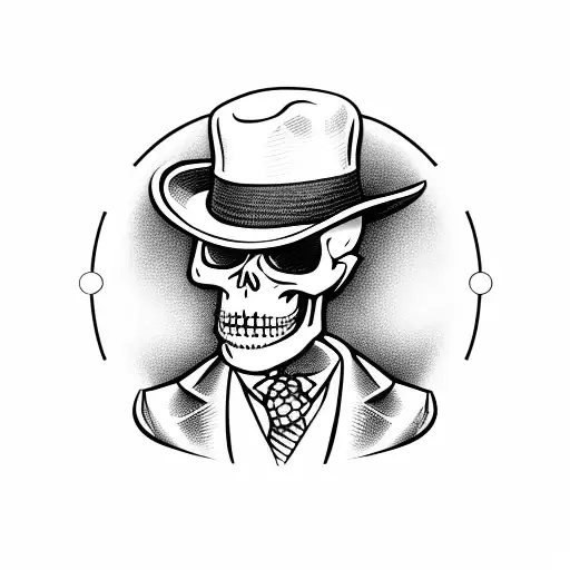 a full body skeleton in a suit with a hat and a cigar leans against the wall and a cane tattoo design idea