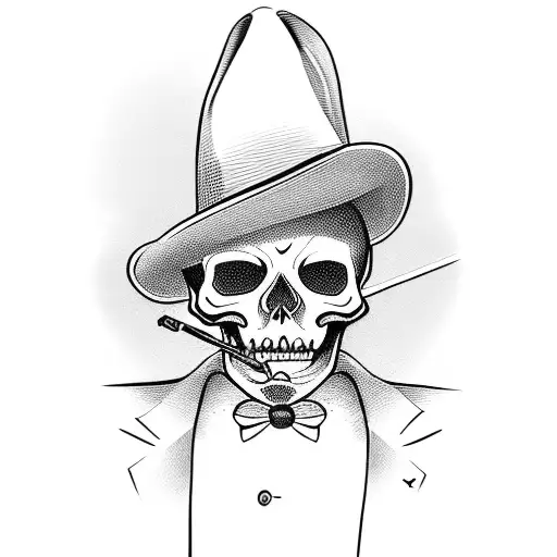 a skeleton in a suit with a hat and a cigar leans against the wall and a cane tattoo design idea