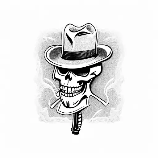 a skeleton in a suit with a hat and a cigar leans against the wall and a cane tattoo design idea
