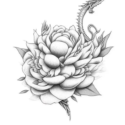 Dragon realistic full body with peonies and lilies tattoo design idea