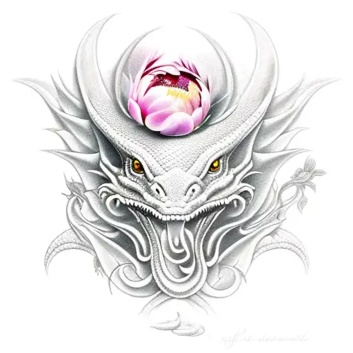Dragon realistic with peonies and lilies tattoo design idea