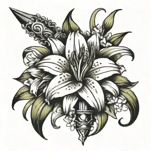 lilies wrapped around dagger tattoo design idea