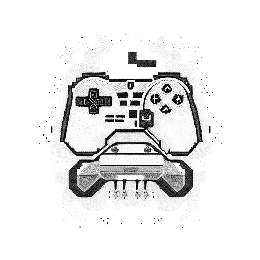 A pixelated video game controller surrounded by various game characters and symbols tattoo design idea