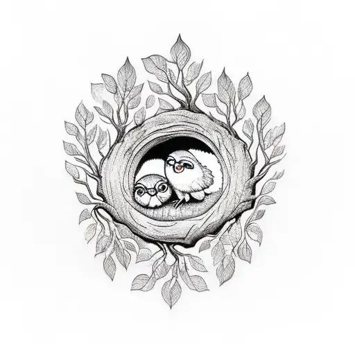Three owlets inside a hollow tree with dates carved in the tree tattoo design idea