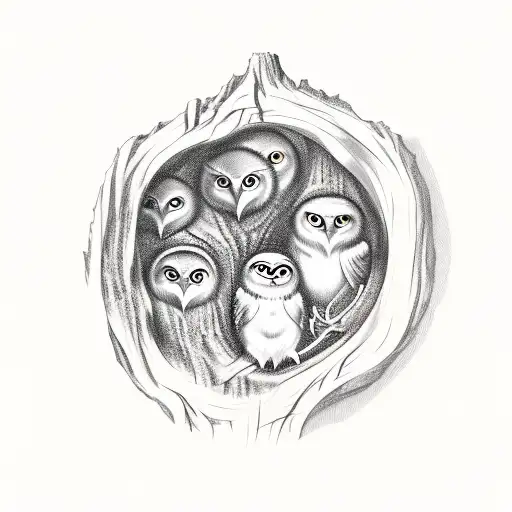 Three owlets inside a hollow tree with dates carved in the tree tattoo design idea
