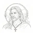 The image shows a man with long blond hair, dressed in white clothes. A person raises one hand up, holding a rosary or b tattoo design idea