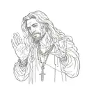 The image shows a man with long blond hair, dressed in white clothes. A person raises one hand up, holding a rosary or b tattoo design idea