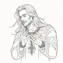 The image shows a man with long blond hair, dressed in white clothes. A person raises one hand up, holding a rosary or b tattoo design idea