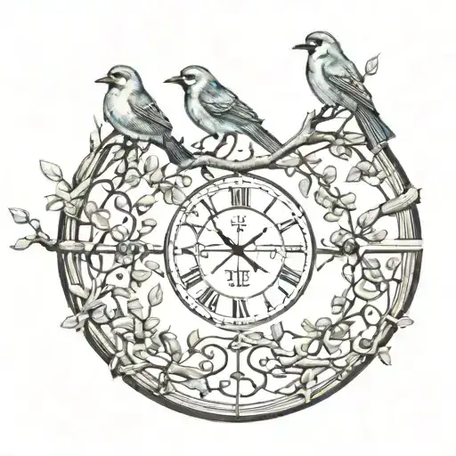 birds on a branch and roman numerals through the middle tattoo design idea