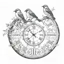 birds on a branch and roman numerals through the middle tattoo design idea