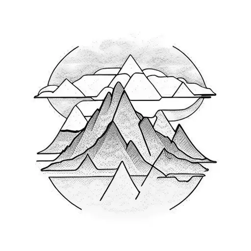 Nature scene including mountains, trees, and lake.  tattoo design idea