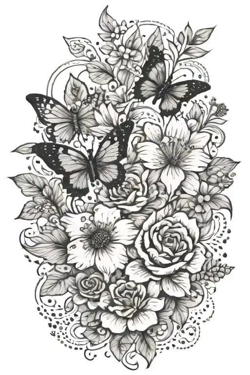 A dotwork tattoo of a blooming flower garden with intricate patterns and hidden butterflies tattoo design idea