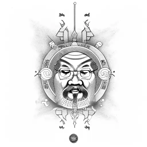 Sun Tzu in smokes with a chess king and a royal flush tattoo design idea
