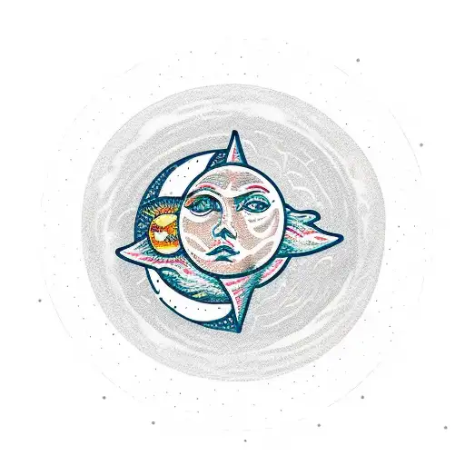 An open book with a serene beach scene inside, with a sun and moon sharing the sky tattoo design idea