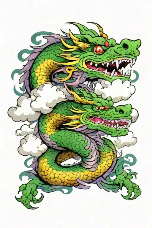 Only the face of the Japanese dragon, green with purple tips, spewing smoke from its mouth and surrounded by clouds tattoo design idea