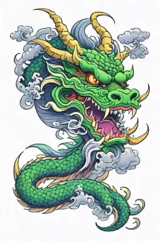 Japanese dragon face, green with purple tips, spewing smoke from its mouth and surrounded by clouds tattoo design idea