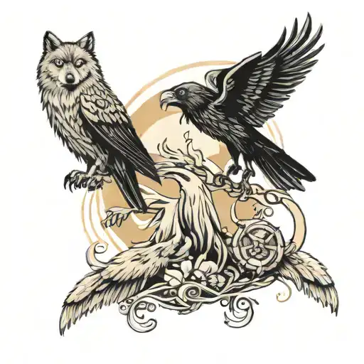wolf and lion with owl and raven flying tattoo design idea