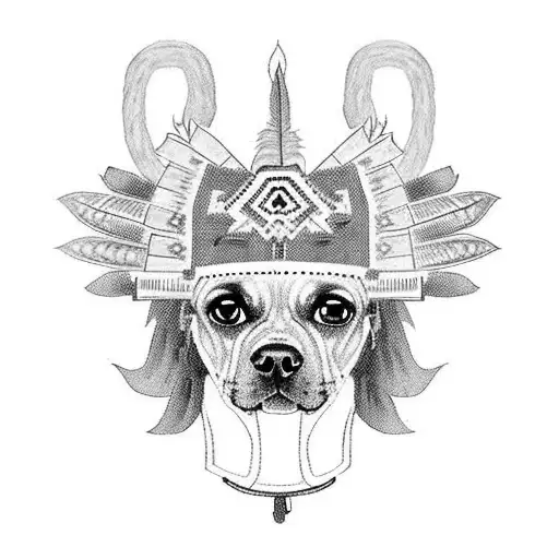 A Mexican dog breed, such as a Xoloitzcuintli, wearing an Aztec-inspired headdress made of smoke tattoo design idea