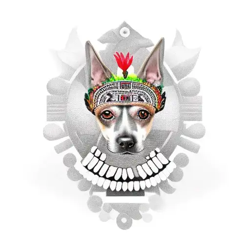 A Mexican dog breed, such as a Xoloitzcuintli, wearing an Aztec-inspired headdress made of smoke tattoo design idea