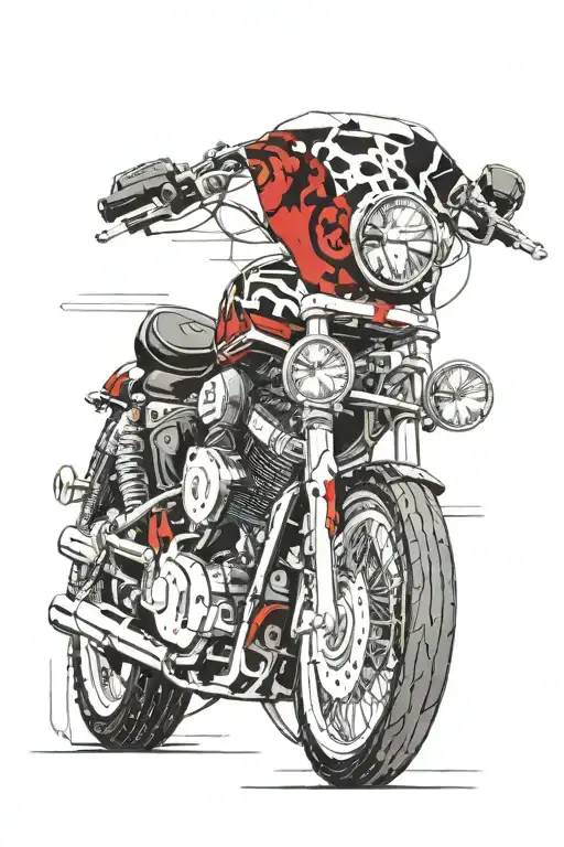 A Harley Davidson motorcycle intertwined with mechanical gears and circuit patterns tattoo design idea
